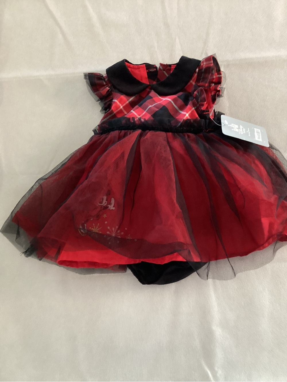 Disney Baby Red and Black Plaid Tulle Dress with Peter Pan Collar size 6-9mo6/1